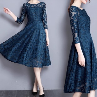 レディース ドレス ミディアム丈ドレス ワンピース ミディアム丈ワンピース フレアワンピース ミディアム丈 7分袖 ラウンドネック 刺繡 シースルー 透け感 かわいい 大人可愛い きれいめ