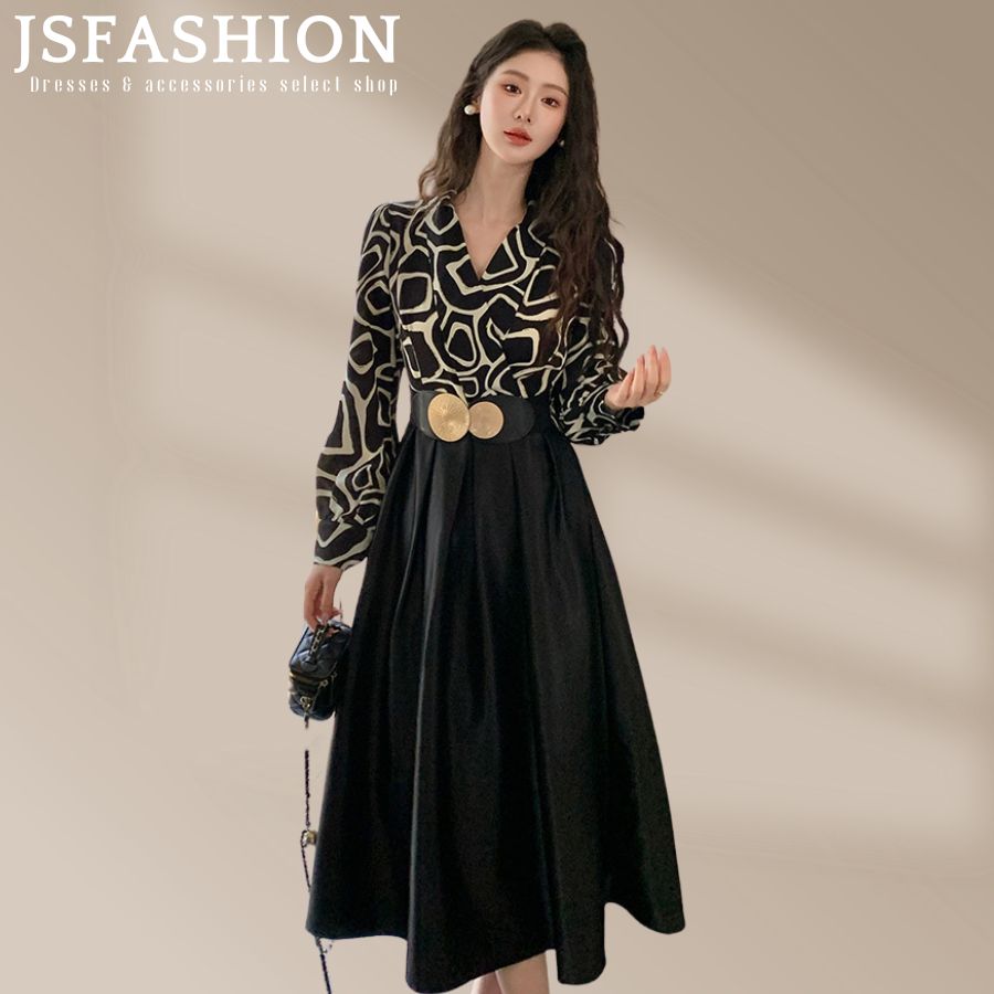 ドレスワンピース ベルト付き 切替 柄ワンピース サテン パーティードレス お呼ばれドレス Aライン フレア カシュクール Vネック 長袖 ロング丈 カクテルドレス おしゃれ 上品 かっこい