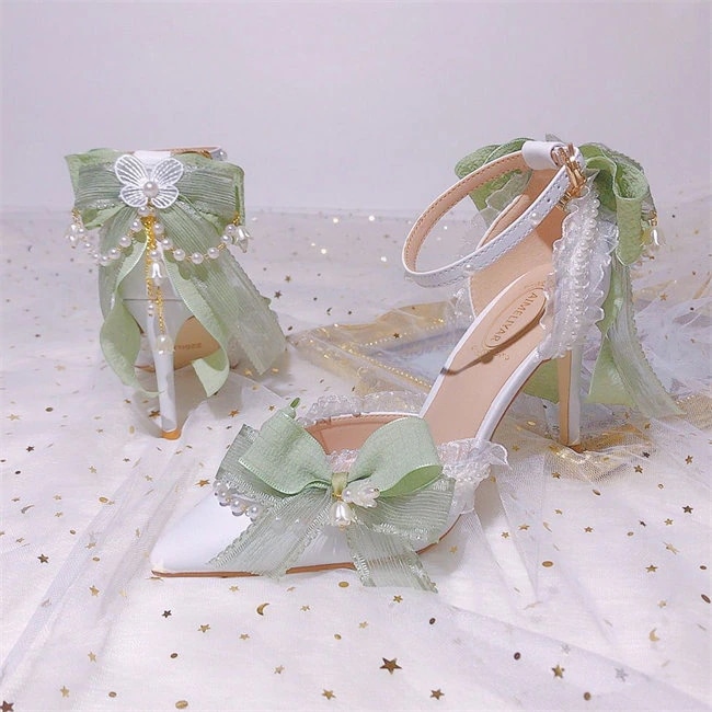 グリーン　レース ストラップパンプス　ハイヒール　ピンヒール　パンプス ストラップ　ポインテッドトゥパンプス　レース花　ヒール5/7/9cm　 レディース サンダル　靴 美脚 結婚式　ウエディングシュ