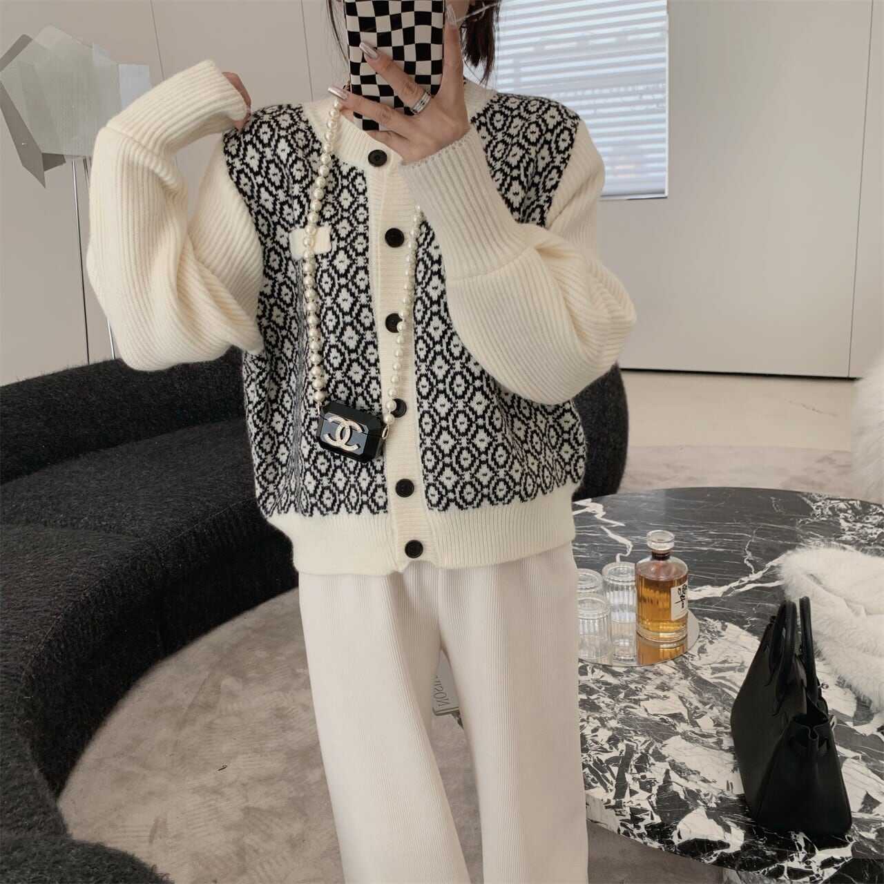 カーディガン トップス 長袖 クルーネック 幾何学模様 バイカラー 上着 お洒落 プチプラ トレーナー スウェット ニット セーター カットソー 長袖 ロング リブニット