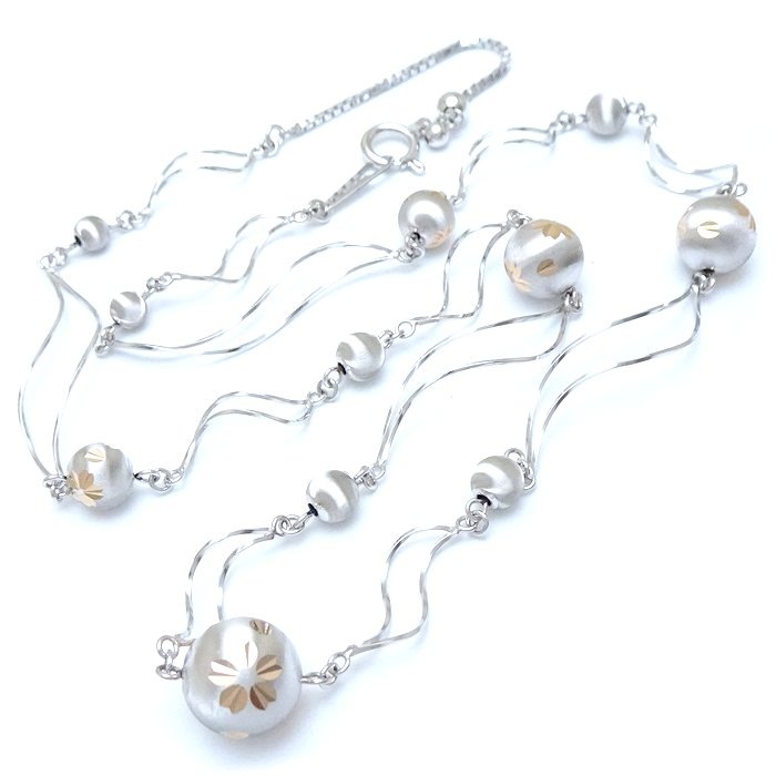 ステーションボール ネックレス 桜モチーフ K18WG ホワイトゴールドxK18PG ピンクゴールド /75698【中古】