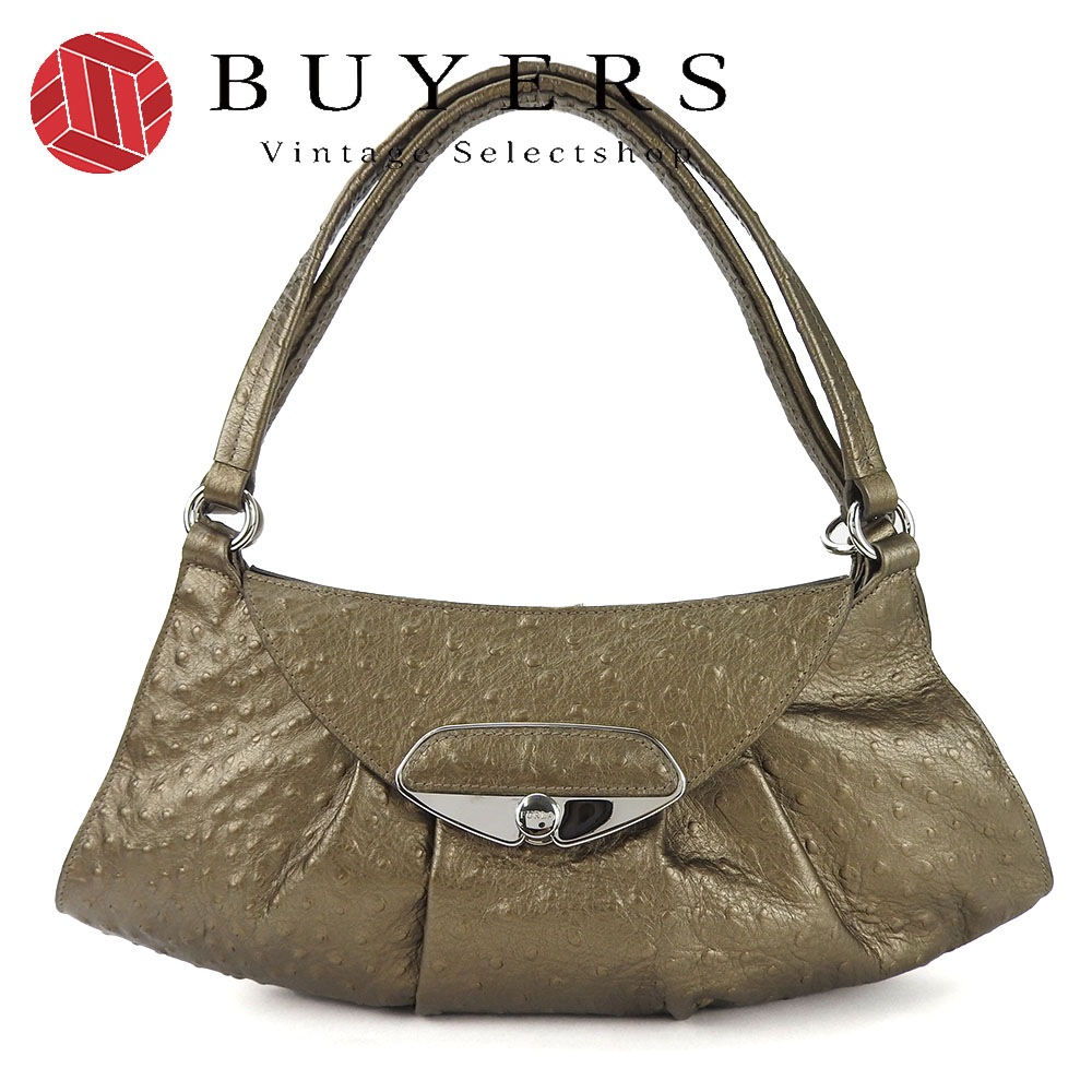 中古 フルラ ハンドバッグ 肩掛け オーストリッチ調 型押し レザー 革 ブロンズ系 シルバー金具 普段使い レディース 女性 FURLA tote bag bronze