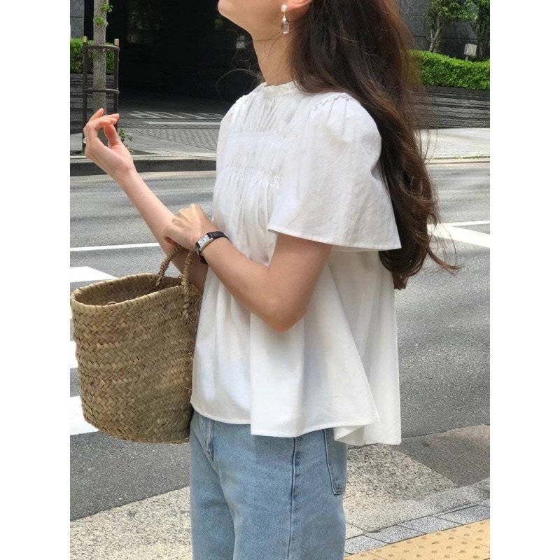 【急速出荷】 即納韓国東大門夏甘い年齢レース立襟しわゆったりしているシャツ子供上着
