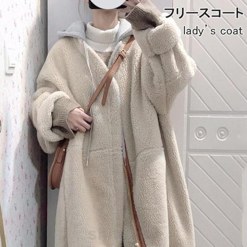 女性用フード付きフリース厚手のふわふわロングコート可愛い大人用アウターウェアゆったりフィットベージュのフード付きコート