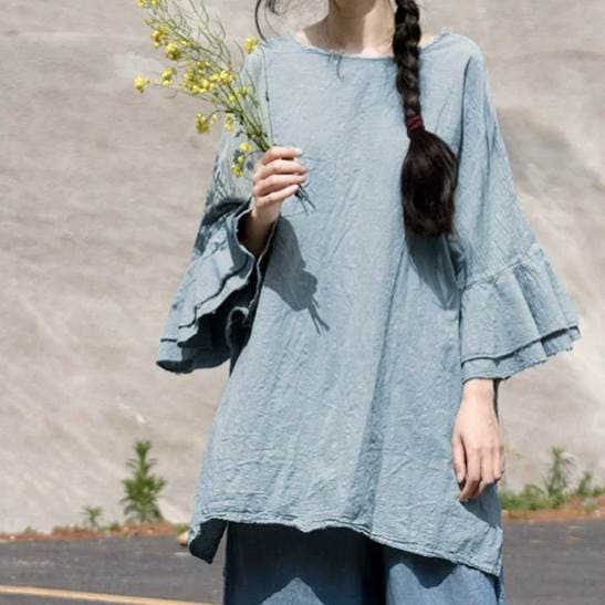 レディース トップス カットソー プルオーバー ミディアム丈 7分丈 袖フリル ラウンドネック かわいい 大人可愛い きれいめ シンプル カジュアル 上品 おしゃれ かっこいい レトロ こなれ感 ラフ