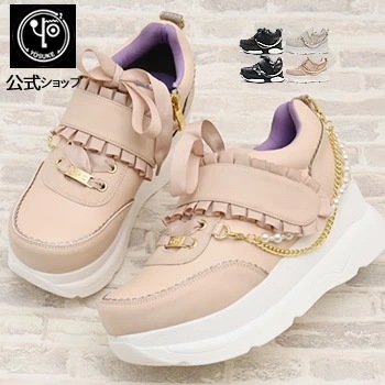 【公式】 ヨースケ 厚底スニーカー レディース きらきらパールチャーム付き 歩きやすい 6cmソール レース りぼん