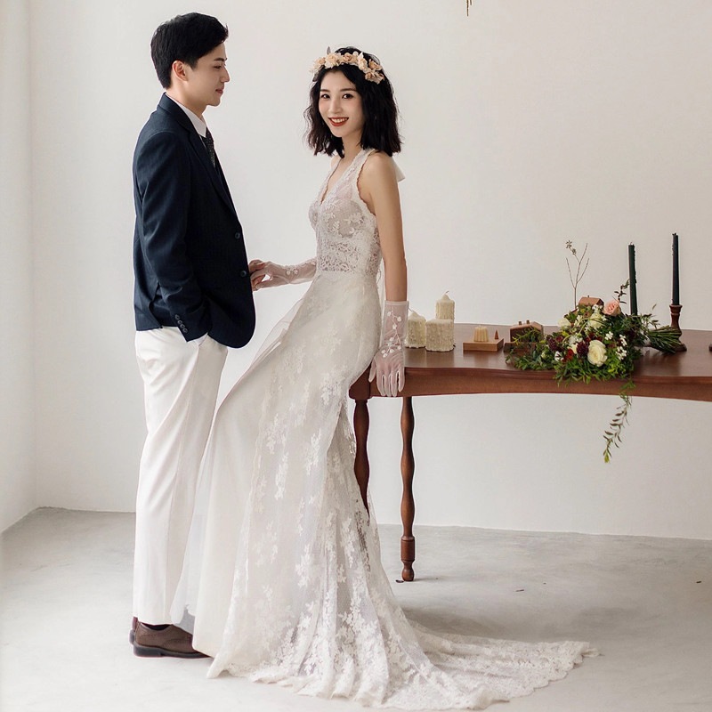 結婚式 ドレス ワンピース フレンチレース ウエディングドレス フィッシュテールスカート 花嫁 披露宴 二次会 謝恩会 発表会 演奏会 女子会