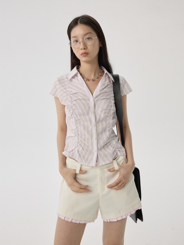 オモント エッグタルト レトロ スモール フライング スリーブ ストライプ シャツ レディース 夏 スリム フィット 半袖 シャツ トップス