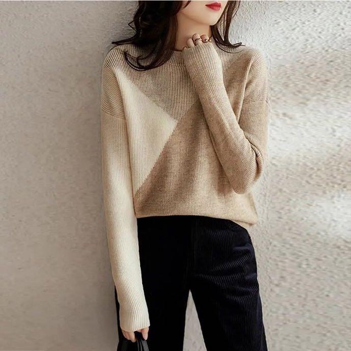 レディース トップス ニット オシャレ 韓国 スタイル カワイイ カジュアル セーター カーディガン 長袖 ニット 秋 冬 インナー デザイン ルーズ ウール カラー ブロッキング ボトム シャツ