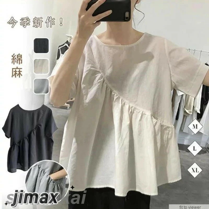 不規則な綿とリネンのシャツの女性の夏の新しいシンプルなプリーツプルオーバールーズで薄い韓国バージョンのラウンドネック半袖トップ綿麻 カジュアル ナチュラル ビジネス 通勤 オフィス 夏 春 秋 20代