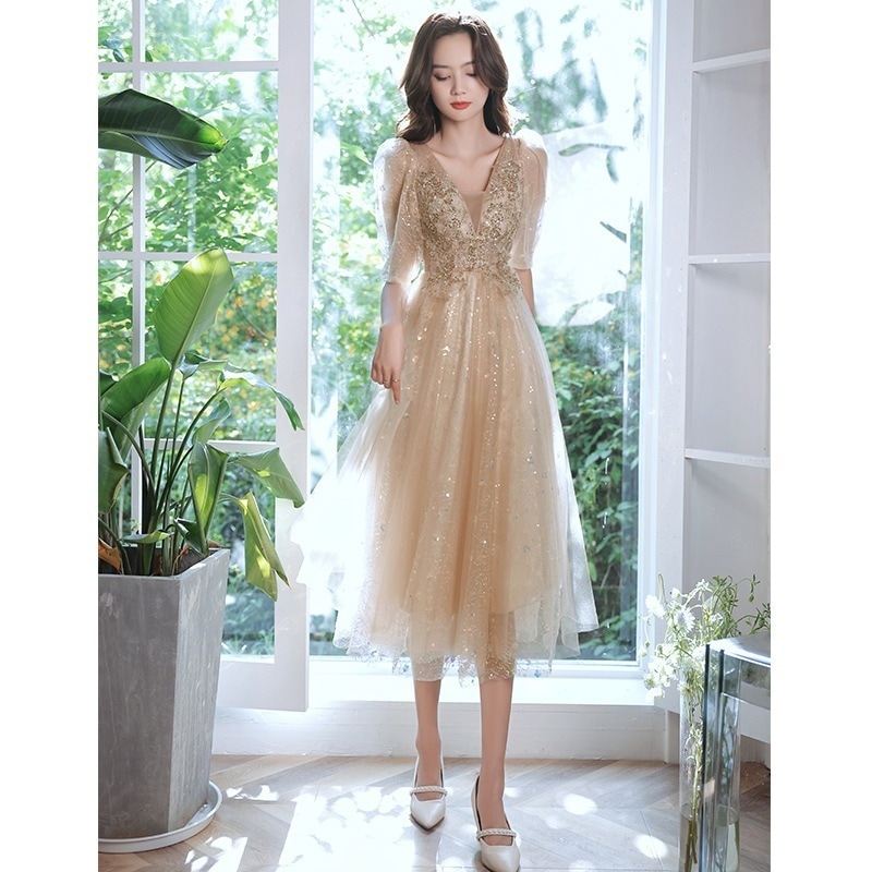 ホストイブニングドレス女性シャンパンカラー花嫁介添人ドレス宴会気質プラスサイズ婚約芸術テスト妖精ドレス
