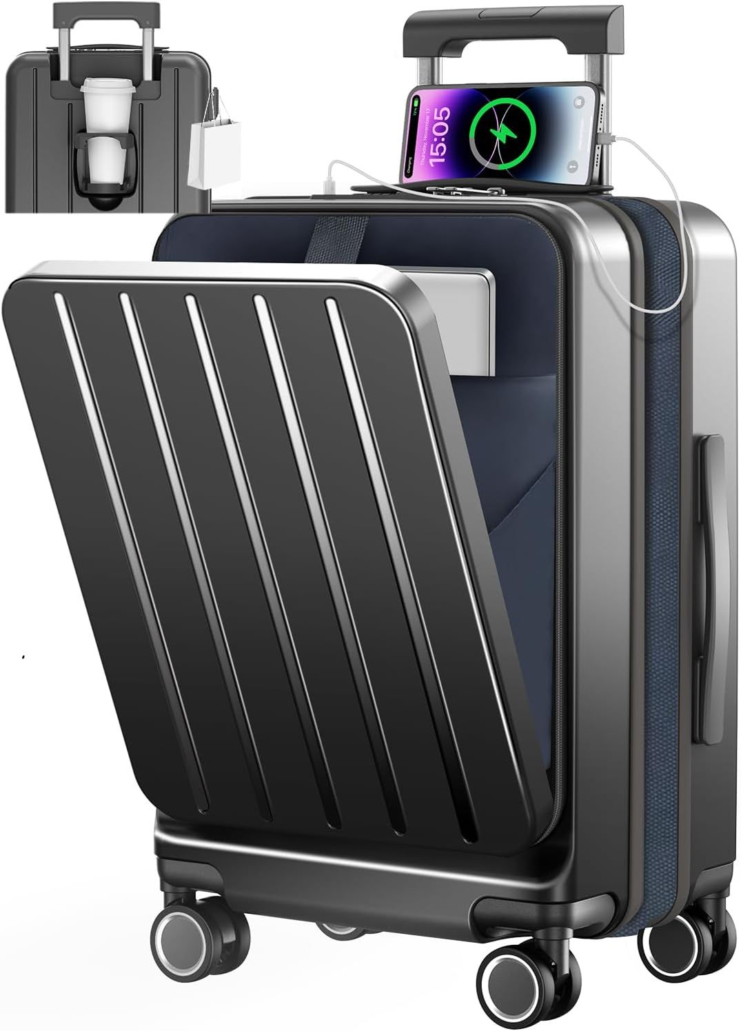スーツケース 拡張機能付き キャリーケース フロントオープン 軽量 キャリーバッグ 大容量 超軽量 USBポート付き カップホルダー付き 隠しフック機能 ファスナータイプ 静音 ダブルキャスター TS