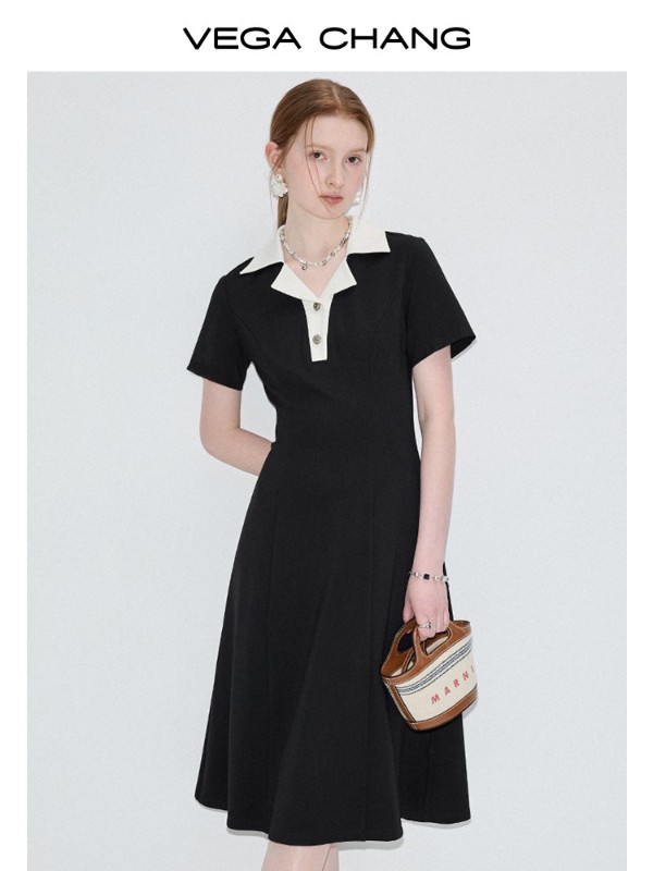 ブラックドレス レディース 2025年夏 新作 スモール ポロカラー スリム 通勤 リトルブラックドレス