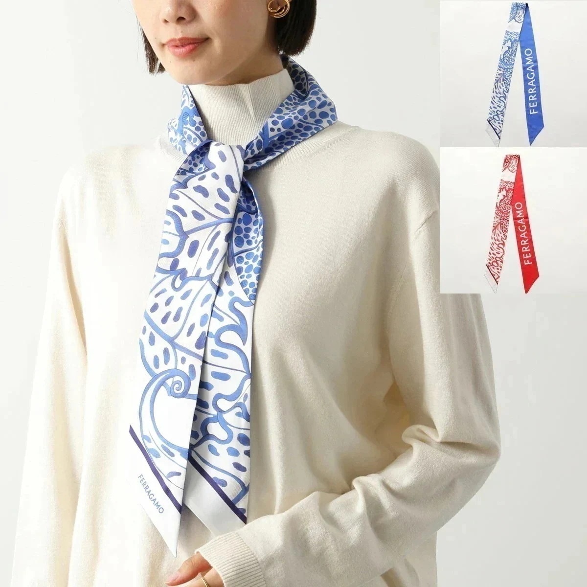 FERRAGAMO フェラガモ スカーフ 32 0685 レディース ツイリー シルク ロゴ 総柄 バンダナ リーフプリント リバーシブル カラー2色 【mega】