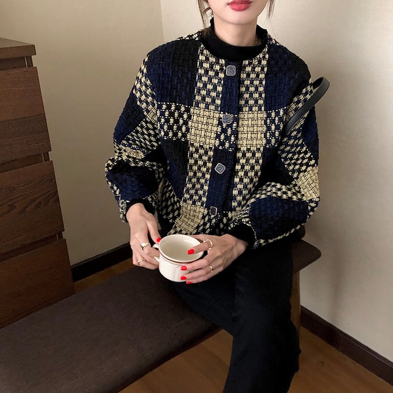 レディース ツイードカーディガン ジャケット ジャガード トップス ショート アウター チェック柄