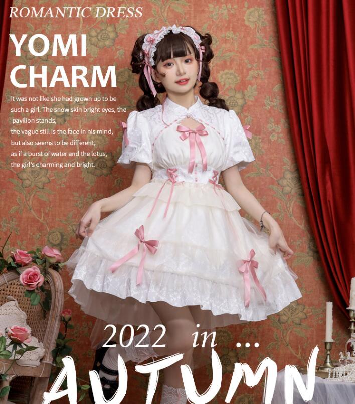 漢風 ロリータワンピース 半袖 チャイナドレス 可愛い ロリータ服 ティアードドレス 中華服 リボン付き ジャカード 花柄 ハロウィン コスプレ衣装 コスチューム 白 黒