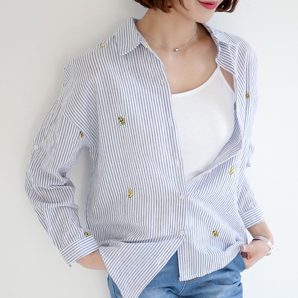 ハイクオリティー / 品質保障 可愛いバナナ刺繍がポイント! ベーシックなストライプパターンシャツ!!! ロールアップ袖で2wayコーデ可能! 2color バナナ刺繍ストライプシャツ n40738