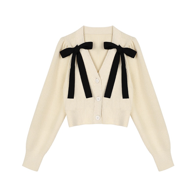 トップス アウター セーター カーディガン 袖あり 長袖 Vネック 襟なし リボン リブ ニット かわいい 大人可愛い きれいめ シンプル カジュアル 上品 おしゃれ お洒落 レトロ 大人女子