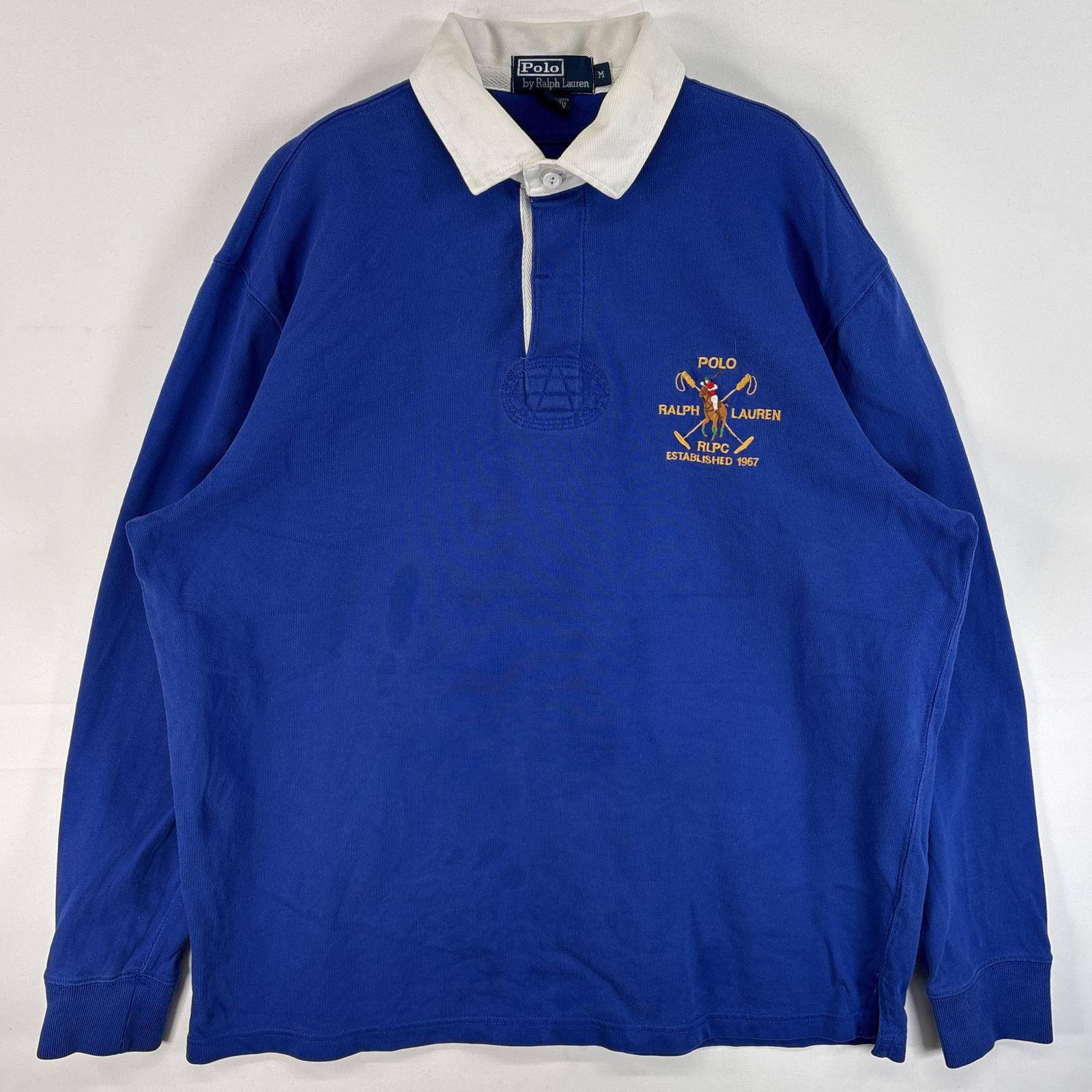 古着 90s/90年代 ポロバイラルフローレン Polo by Ralph Lauren 長袖 ラガーシャツ ワンポイント ロゴ 刺繍 3ボタン ラバーボタン M ブルー系 無地 メンズ