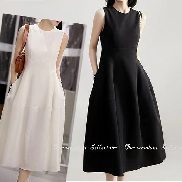 超人気,高評価!!大人上品ワンピース　ノースリーブ　シンプル　ひざ下丈　ラウンドネック　ホワイト　大きいサイズ有SからXXL女子会細く見える 20代30代40代50代60代