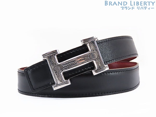 レアエルメスコンスタンストゥアレグ族Hベルトレディース手彫り仕上げブラックレッドボックスカーフシルバ