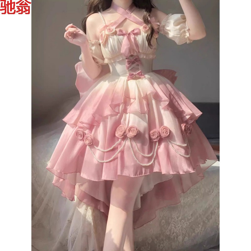 ロリータ グラデーションピンクライトフラワーウェディングホロウフロントショートバックロングロリータ薄手グリッターロースカートロリータふわふわ重工業プリンセス