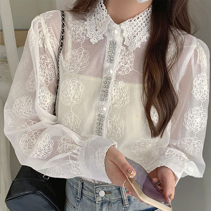【 急速出荷】刺繍 シャツ レディース ランタンスリーブ 春 秋 長袖シャツ シャツブラウス 刺しゅう 刺繍レース 透け感 薄手 重ね着 レイヤード 上品 清楚 フェミニン 可愛い トップ