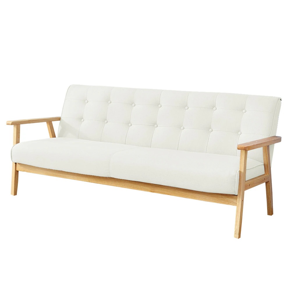 国内即日発送！【3人掛けファブリックソファ】モダンソファ　ファブリック レトロ　モダンインテリア　 天然木　北欧