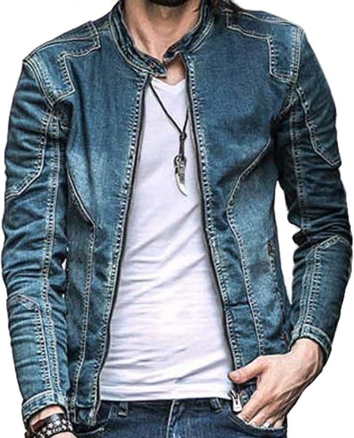 ヴィンテージ スタンドカラー デニム ライダース ジャケット( インディゴブルー, 3XL) 7,204円