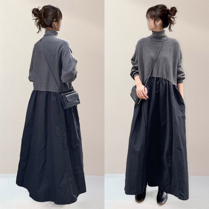 【高レビュー】 テムハイネックシンプルカジュアルナチュラルギャザー切り替えマキシワンピース