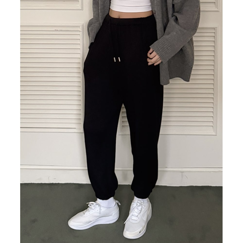 INJIACTIVE リブニットジョガーパンツブラック