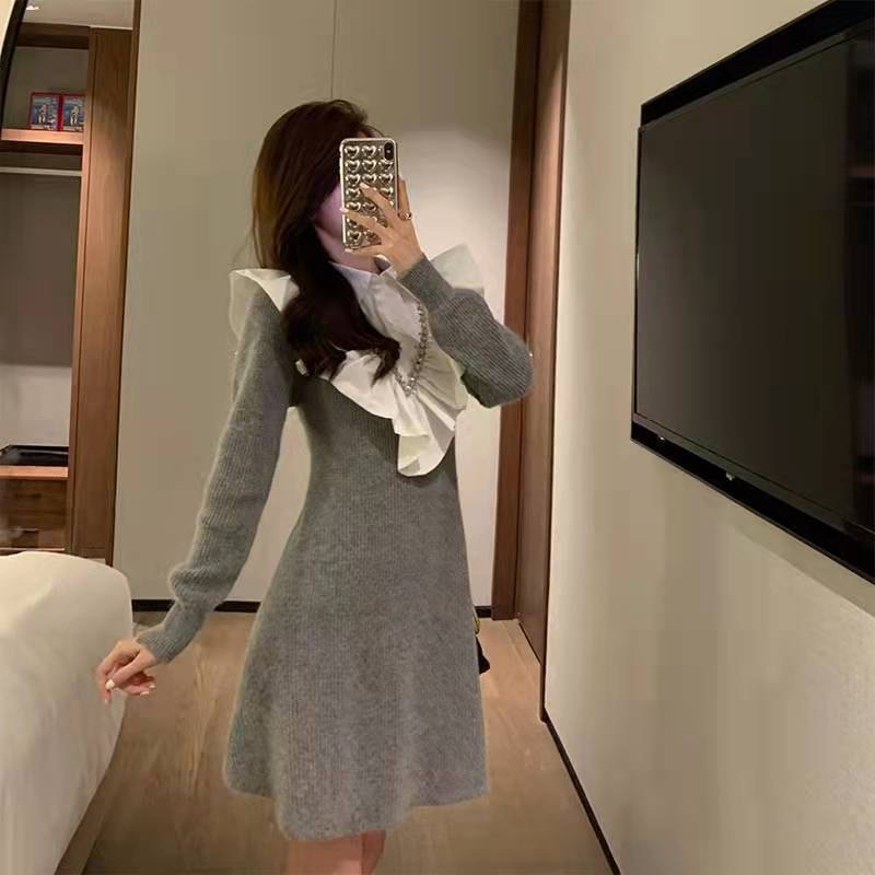 名媛風デザイン感釘珠ハスの葉の縁に襟ニットセーターのワンピースコート女978