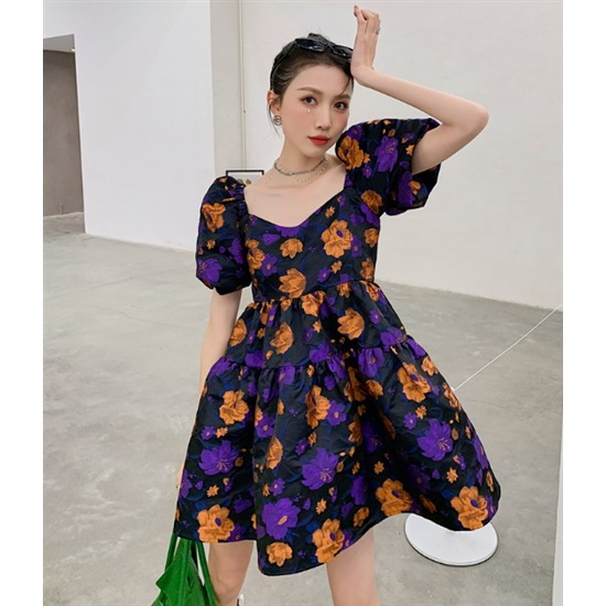 【取寄：納期2週間】パーティードレス 大きいサイズ ハイウエスト パフ袖 ラウンドネック 半袖 個性的 ワンピースドレス カラードレス Aラインスカート ボリュームスカート 花柄ワンピース 体型カバープリント・柄ワンピ
