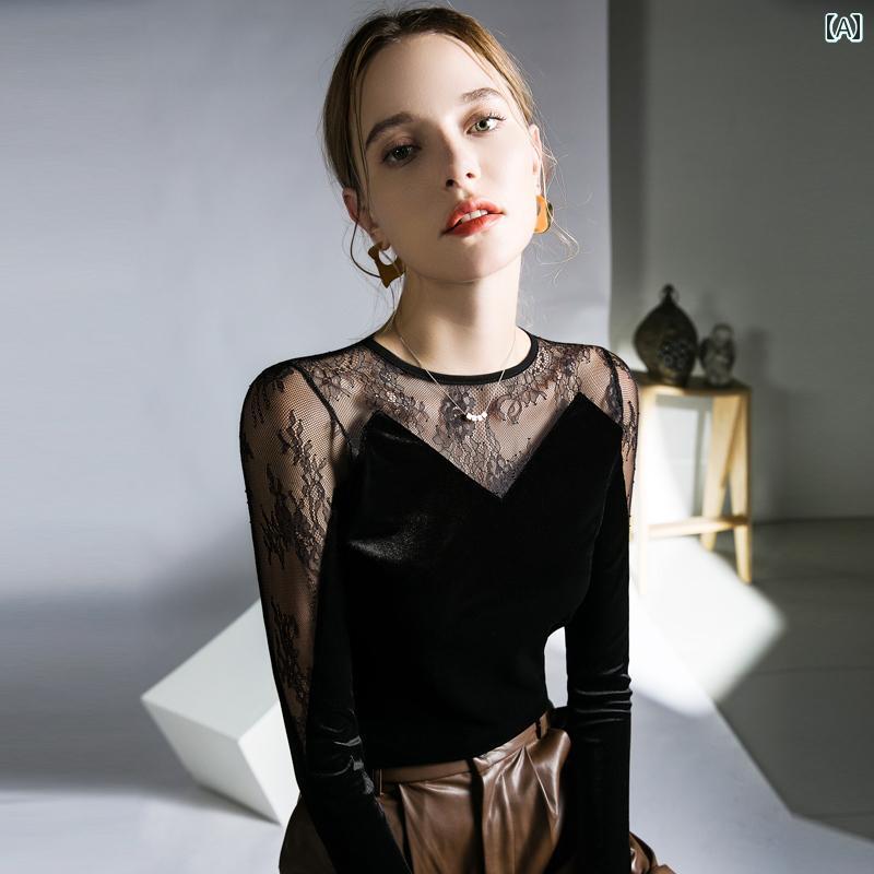 ベロア トップス レディース レース Tシャツ 透け感 秋 大きいサイズ おしゃれ ファッション ブラック