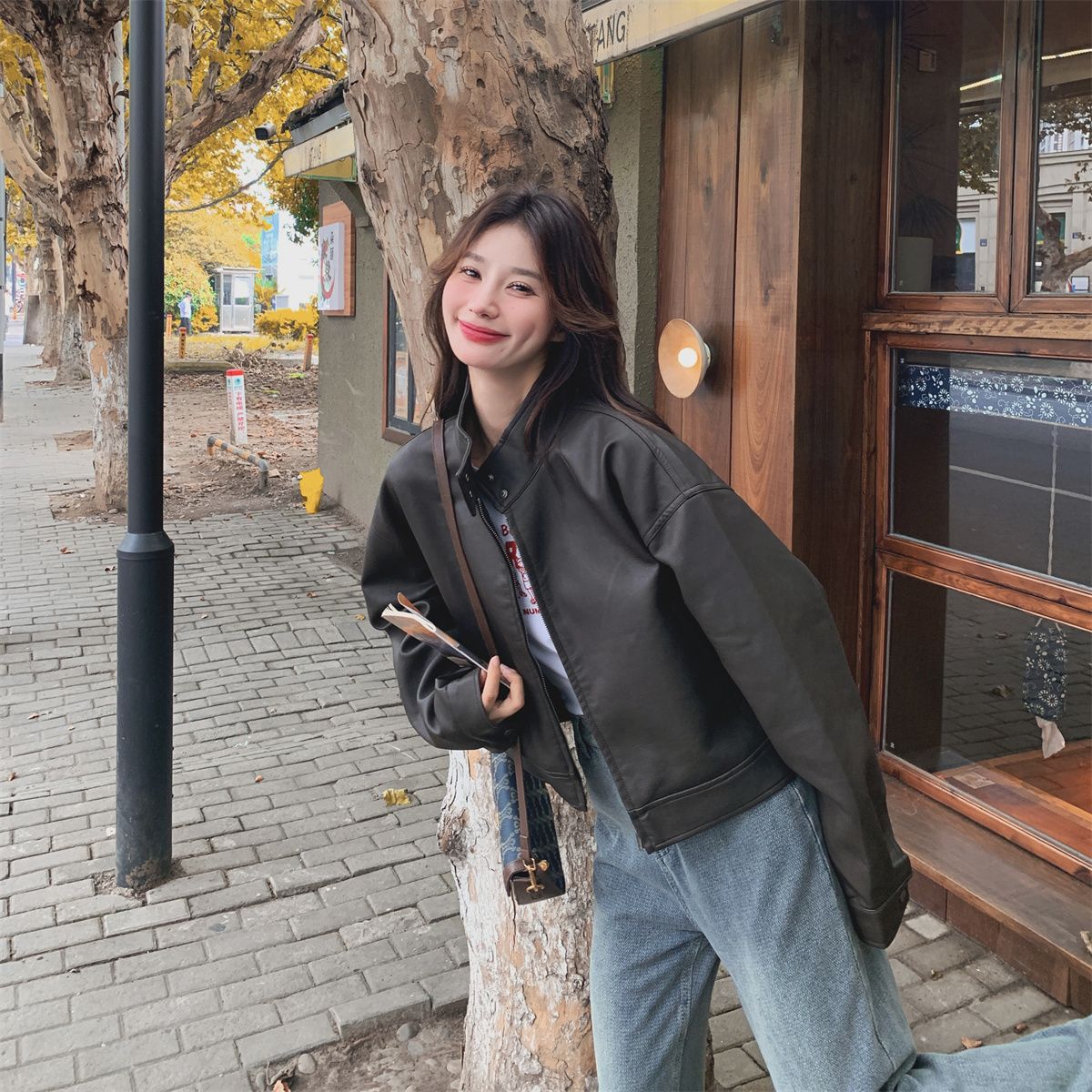 ジャケット PU レザー コート 春秋 レトロ ショート丈