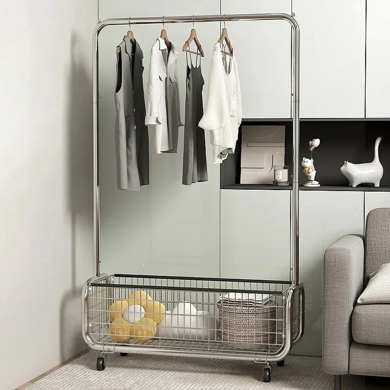 (XRELEX)ハンガーラックキャスター付き 衣帽掛け 寝室用 ベッドサイドクローゼット 衣服掛け簡易収納ラック 洋服ラック収納カゴ付き多機能収納 大容量パイプハンガーラック頑丈 防水 耐腐食性 組立