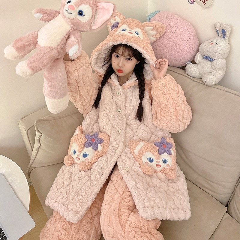 秋冬珊瑚絨毯スリーパー冬女三層厚手挟み綿レイナベアパジャマ保温長部屋着
