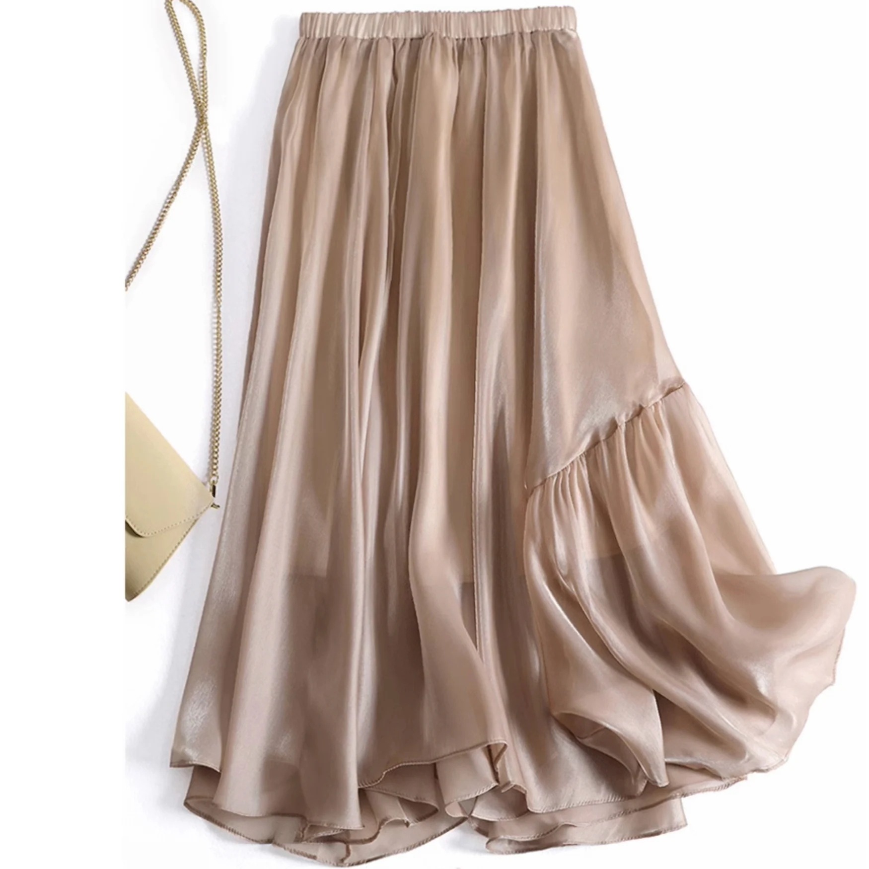 スカート レディース フレア Aライン ロングスカート きれいめ 個性的 春服 夏服 秋服 3色 フリル SNS 映え 写真 映え モテ 流行 トレンド 高見え 無地 サテン M L ベーシック シン