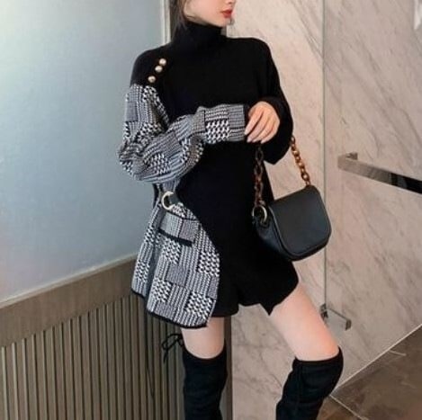 チェック柄 トップス カットソー ニット レディース 春 秋 かわいい 長袖 ゆったり 長袖 タートルネック 襟なし ノーカラー フレア 切り替えデザイン ドッキング ウエストマーク スリット ハイウ