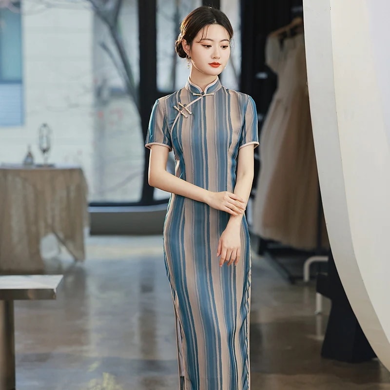 2024新入荷 縦縞のセクシーな大人レトロ少女チャイナドレス ドレス ワンピース レディース 韓国ファッション パーティードレス 2
