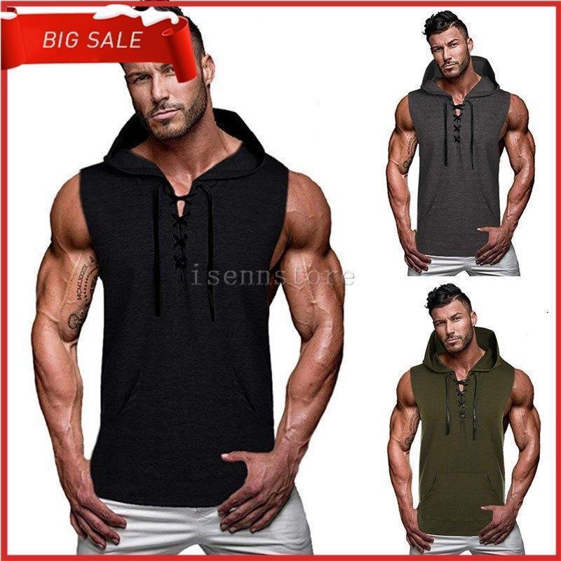 新作 メンズ カジュアル スポーツ フード付き 無地 タンクトップ ノースリーブ パーカー トレーニングウェア ジムウェア 吸汗速乾