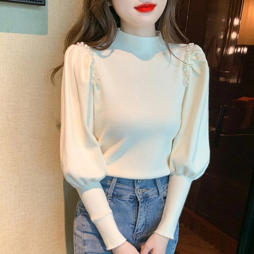 クーポン ハイネック リブニット トップス バルーンスリーブ パール付き セーター レディース 大人可愛い タートルネック 長袖 プリンセス風 秋ニット 暖い 秋セーター 無地 肌に優しい きれいめ
