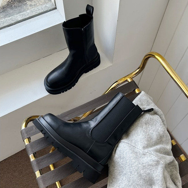 ショートブーツ ワークブーツ サイドゴア トラックソール ウェッジソール 厚底 レディース 黒 韓国