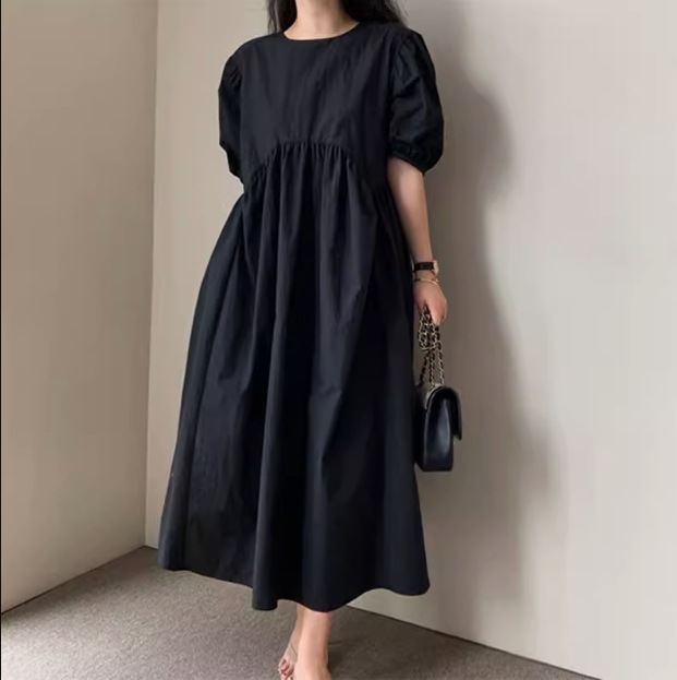 レディース スカート ワンピース プルオーバー ミモレ 半袖 パフスリーブ ラウンドネック ストレート Aライン プリーツ フリル ウエストマーク ハイウエスト 大人可愛い シンプル 上品