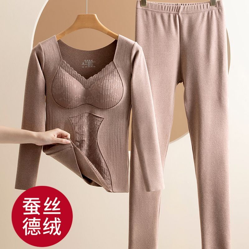 ベルベットと厚みのある胸パッドを備えた女性用冬用サーマル下着統合された秋服とロングジョンセット女性用ボトムシャツトップス