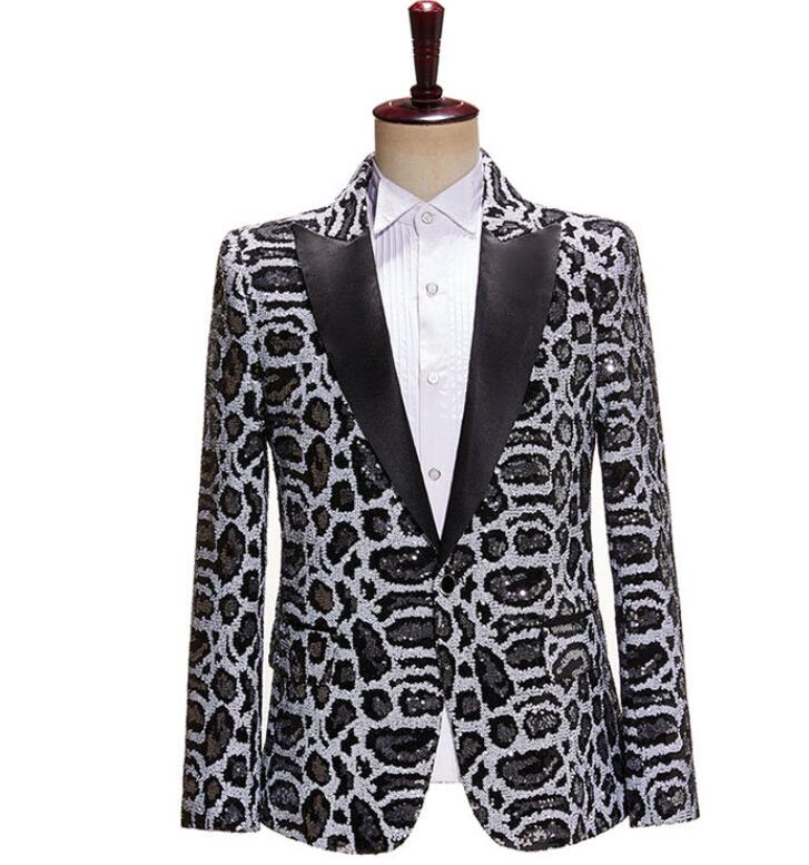スパンコール スーツジャケット ステージ衣装 舞台衣装 メンズ 黒白（銀）きらきら カラースーツ ジャケット 1個釦 豹柄 ヒョウ柄 レオパード パーティー 忘年会 新年会 夜店 クラブ ダンス衣装