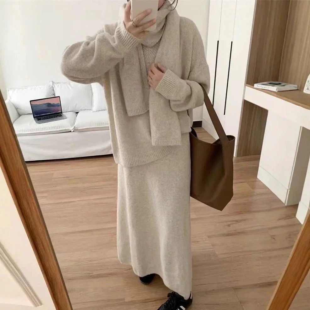 【最安値に挑戦】【人気商品】 韓系洗練された優しいセーターの半身スカートにマフラーの3点セット女性の秋冬セットアップ