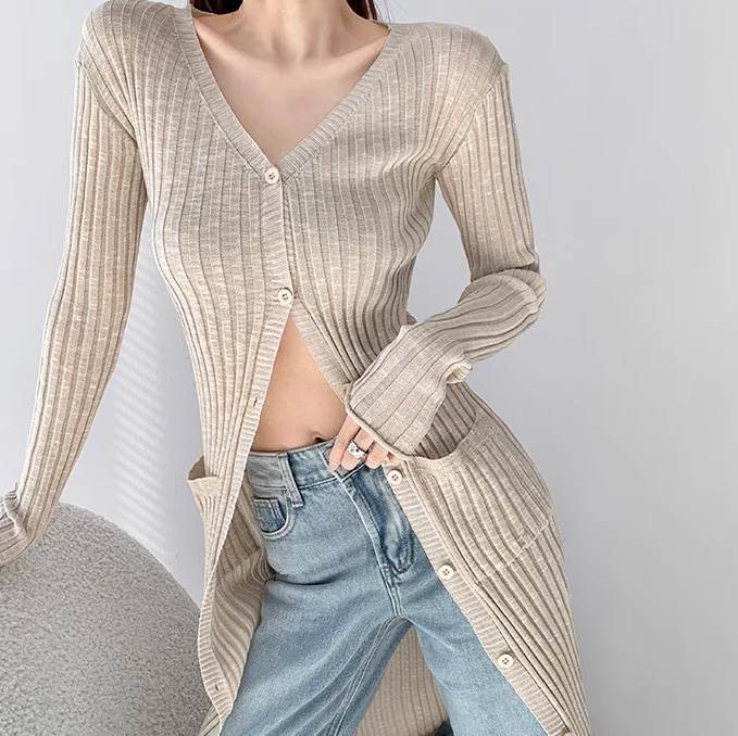 トップス ニット カーディガン レディース 前開き ロング 長袖 Vネック Iライン フェミニン ポケット リブニット かわいい 大人可愛い シンプル カジュアル おしゃれ こなれ感 ラフ ガーリー