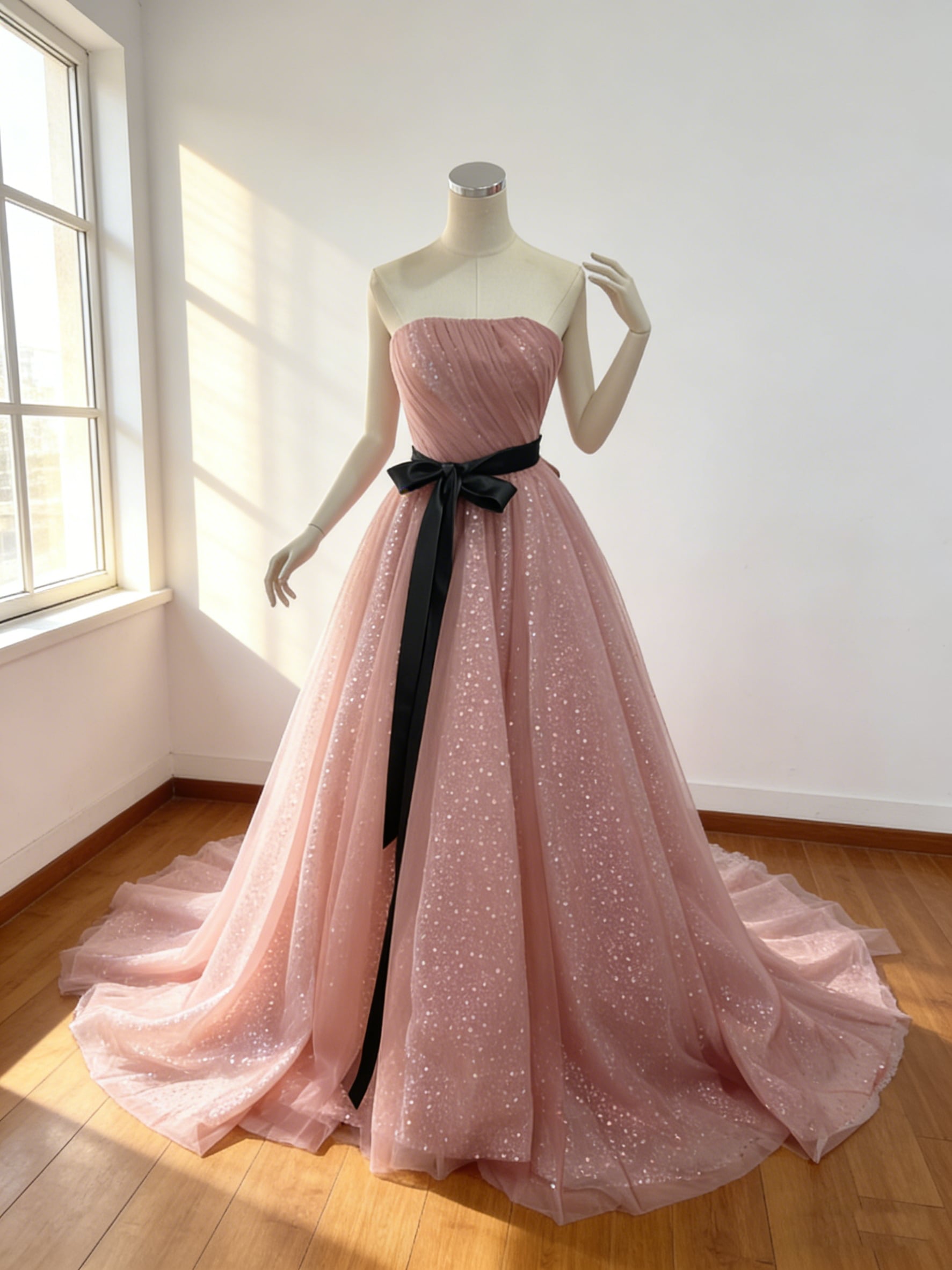 カラードレス ピンク ビスチェドレス サッシュベルト スリット シークインチュール 華やかなトレーン 結婚式