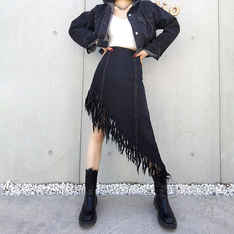 【日本未発売】フリンジ付きブラックデニムスカート デニムスカート Aラインスカート スカート アシメントリー ハイウエスト ストリート a3401